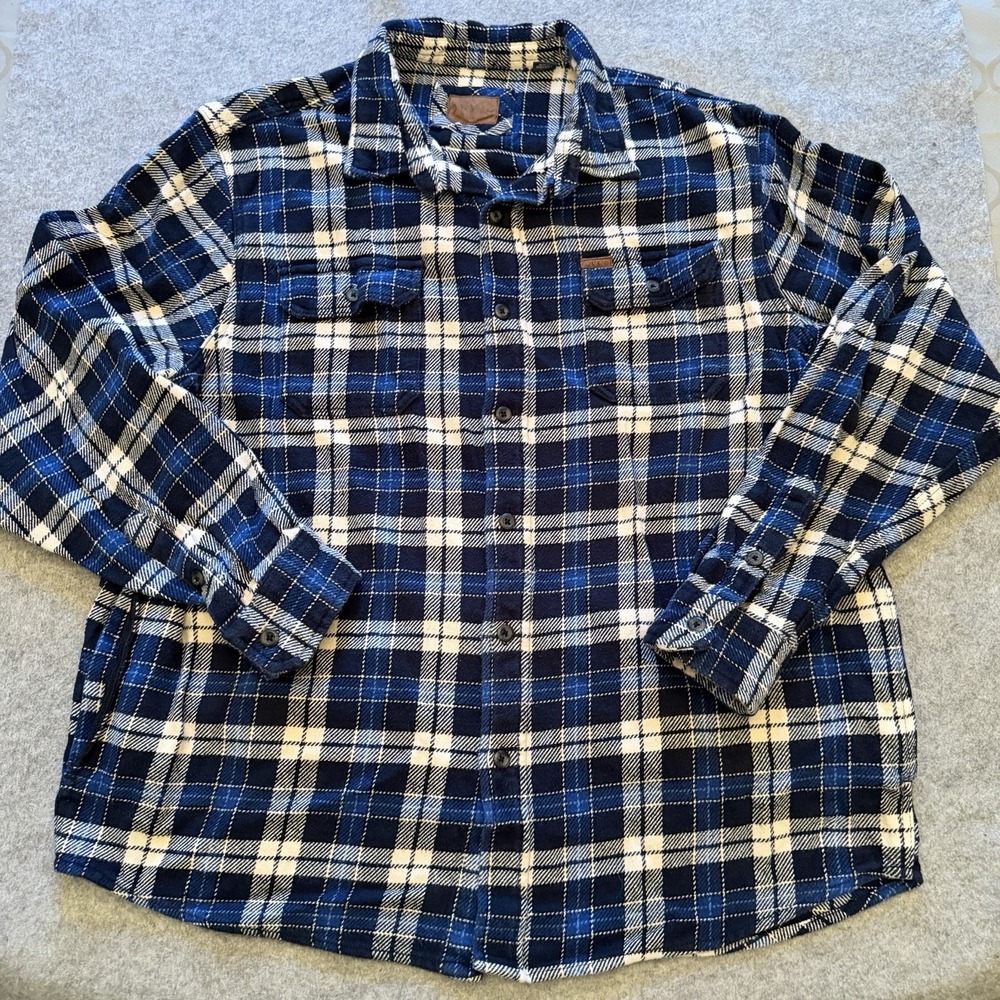 ORVIS Men's Heavy Weight Flannel Blue White Plaid Pockets Outdoors Workwear XXL